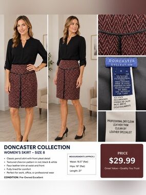 Doncaster Collection Red Black‎ Chevron Tweed Skirt Leather Trim Size 8 Pencil